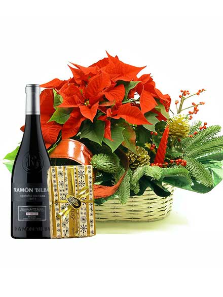 Cesta Adviento con vino y bombones