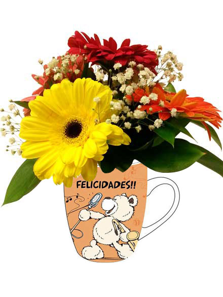 Taza Felicidades y gerberas