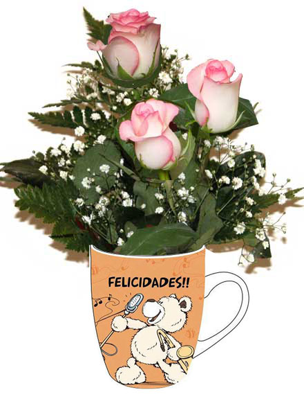 Taza Felicidades y 3 rosas