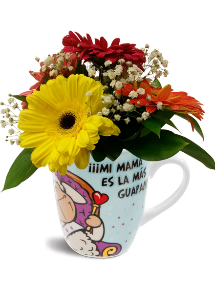 Taza Mam Guapa y gerberas